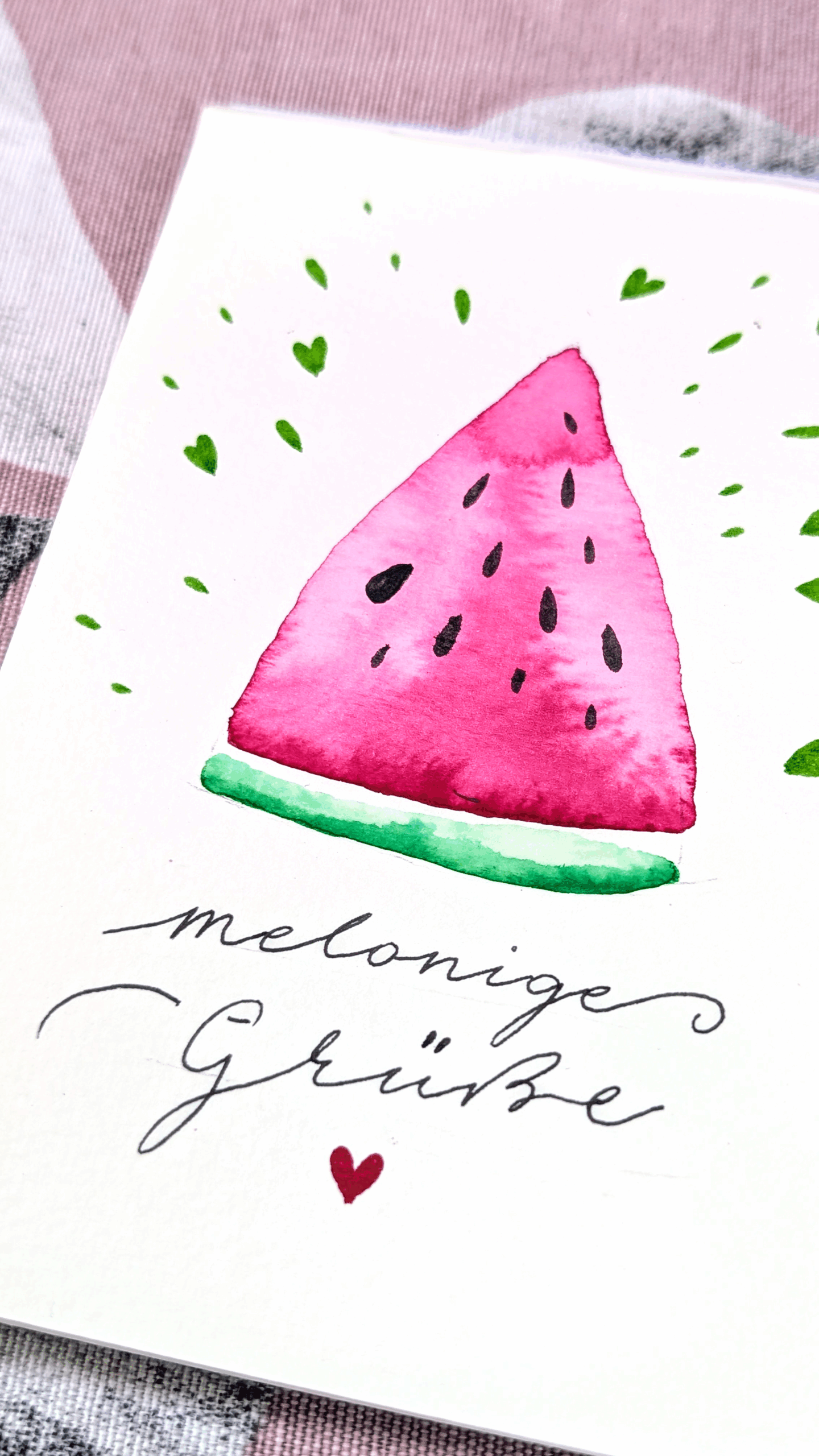 Selbstgemachte DIY Melonenkarte mit Aquarellstiften – sommerliche Grußkarte selber machen